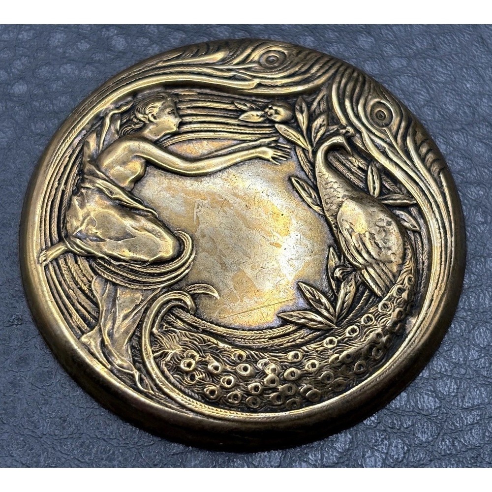Vintage Art Nouveau Style Lady Peacock Brass Tone Brooch Pin - Picture 3 of 10